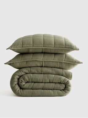 QUINCE Organic Airy Gauze Box Quilt Set King/Cal King Olive 7466